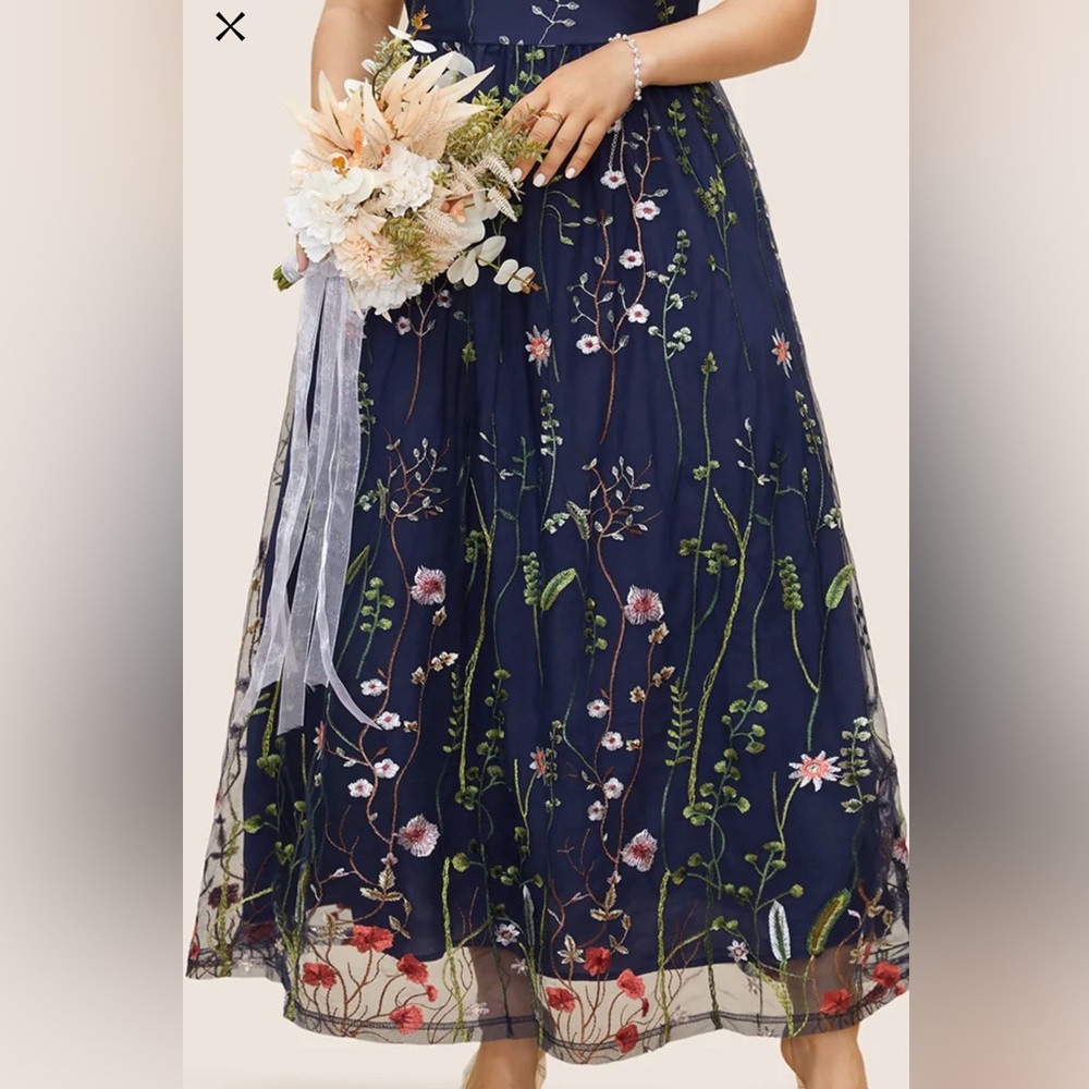 BloomChic Embroidered Floral Mesh Midi Dress, Navy, Size 10